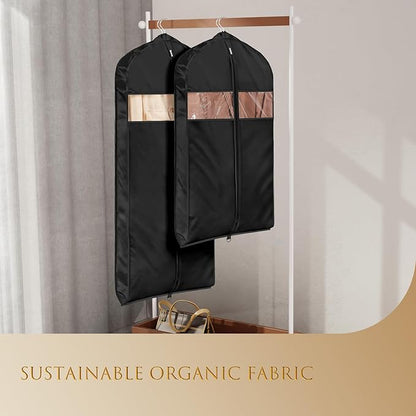 Univivi Super Soft Satin Garment Bags for Hanging Clothes, 60 Inch Zippered Dress Cover with Gussets, Breathable & Non-smell for Dresses, Coats, Jackets, Shirts, 2 Pack - Black