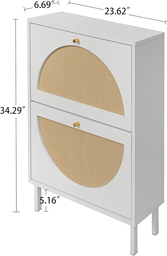 ZeHuoGe Rattan Shoe Cabinet with 2 Flip Drawers, White Shoe Shelf Organizer with Circle Rattan Doors, Entryway Narrow Storage Cabinet for Heels,Slippers(White)