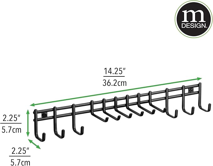 mDesign Closet Wall Mount Metal Accessory Organizer and Storage Center - Modern Slim Holder for Womens and Mens Ties, Belts, Scarves, Sunglasses, Watches - 12 Hooks, 2 Pack, Matte Black