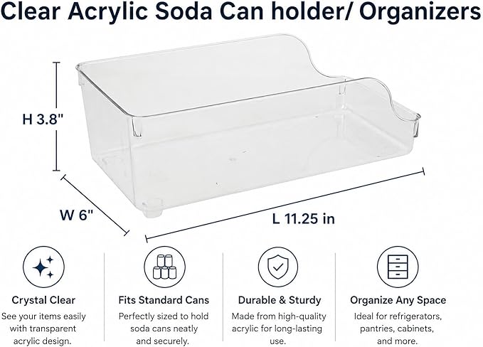 2 Pack Clear Acrylic Soda Can Organizer for Refrigerator Stackable Beverage Storage Holder for Fridge, Pantry & Cabinets Durable Plastic Can Dispenser Rack for Soda Beer & Sparkling Water