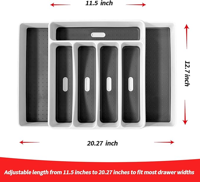 Non-Slip Expandable Silverware Drawer Organizer,7 Compartment Tasteless Large Capacity Thick Plastic Flatware Divider for Silverware, Stationery, Cosmetics – Minimalist Design and Premium Feel