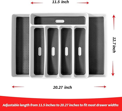 Non-Slip Expandable Silverware Drawer Organizer,7 Compartment Tasteless Large Capacity Thick Plastic Flatware Divider for Silverware, Stationery, Cosmetics – Minimalist Design and Premium Feel