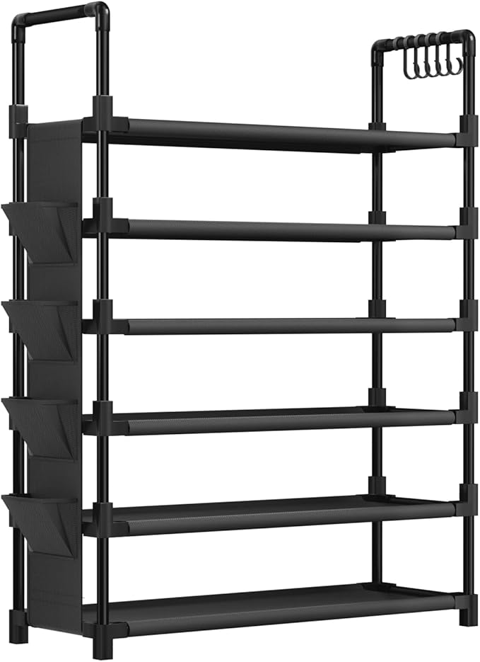 Mavivegue 6 Tier Shoe Rack for 25-30 Pairs of Shoes,Metal Shoe Rack with Hook and Side Pocket for Closet,Entryway,Hallway,Dorm (6 Tier with Hook)