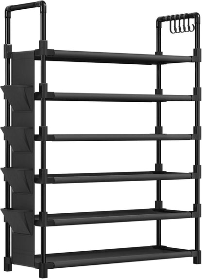 Mavivegue 6 Tier Shoe Rack for 25-30 Pairs of Shoes,Metal Shoe Rack with Hook and Side Pocket for Closet,Entryway,Hallway,Dorm (6 Tier with Hook)
