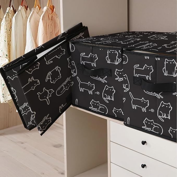 Stackable Clothes Storage Bins with Lids,Closet Organizers Fabric Cat Printing Box for Home and Office,Blanket Clothes Organizers,Under Bed Storage Containers 3 Pack.