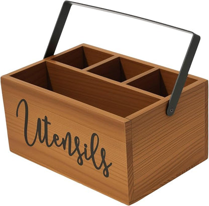Utensil Holder, Silverware Organizer with Handle, Wooden Kitchen Utensil Caddy, 4 Compartmen Cutlery Holder Flatware Caddy, Spoon Holder, Versatile Organizer for Kitchen Counter Party Picnic Camping