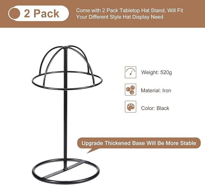 uxcell Metal Hat Display Stand 2 Pack Tabletop Hat and Wig Rack Holder Freestanding for Baseball Cap, Fedora Hat, Cowboy Hat - Black, 12 Inch