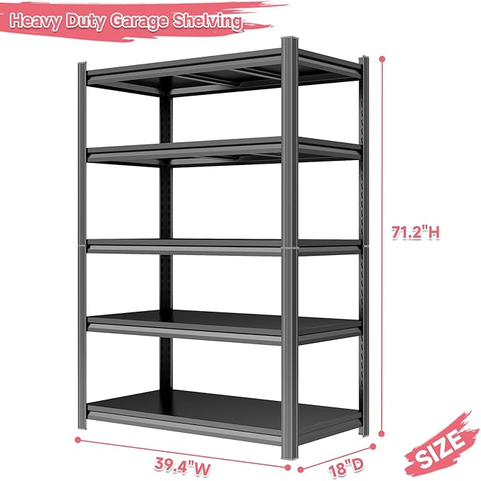 Heavy Duty Garage Shelving Unit, 5-Tier Adjustable Metal Storage Shelves, 3000LBS Load Capacity Shelf for Garage & Basement, Tool Organization, High - Capacity Storage Solution, 39.4" W, Black