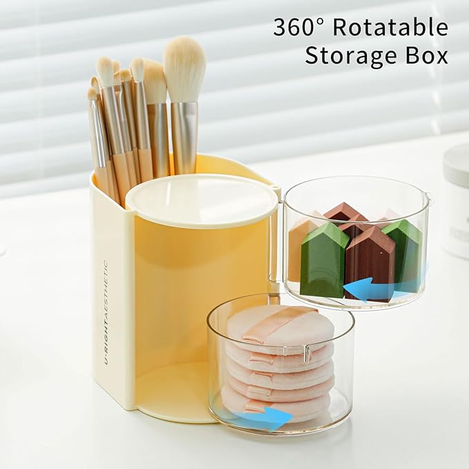 FABROK 2-Layer Clear Hair Accessories Organizer with Hair Brushes Holder, Rotatable Small Jewelry Box for Necklaces、Earring, Desktop Organizer Case for Hair Accessories, Cotton Swab(Yellow)