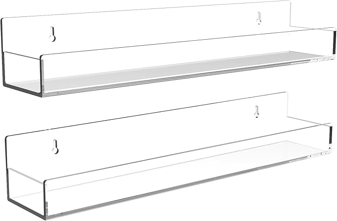 Acrylic Spice Rack Wall Mount 15 Inch Clear Floating Shelves Invisible Hanging Kids Bookshelf for Kitchen Office Bathroom (2 Pack)