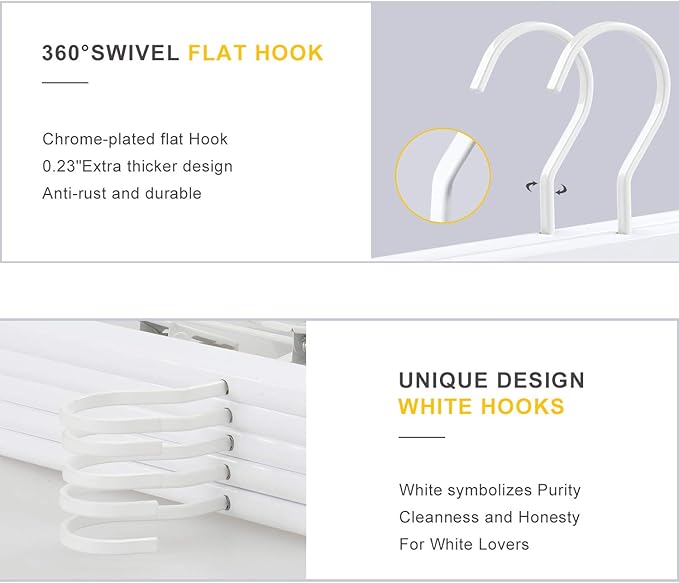 TOPIA HANGER All White Wooden Pants Hangers, Wood Skirt Hangers with Clips, Deluxe Hanger with 360° Swivel Anti-Rust Flat Hook, Smooth Finish Wood for Slacks Trousers Hanger 20 Pack -CT03W