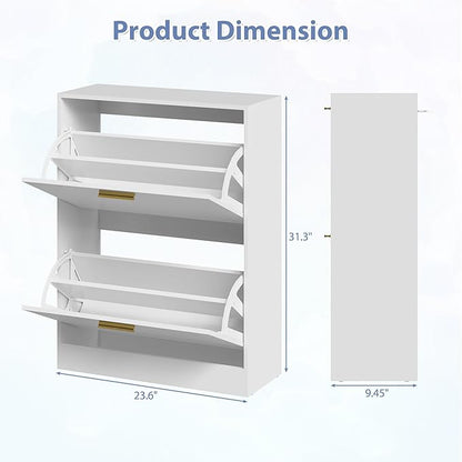 Shoe Cabinet with 2 Flip Drawers, White Shoe Cabinet Storage for Entryway, Modern Shoe Organizer Wood, Freestanding Small Thin Shoe Racks with Doors, White
