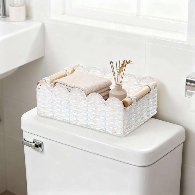 Graciadeco 2 Pack Scalloped Wicker Basket Paper Rope Storage Baskets with Wooden Handles Hand-Woven Organizer Bin Wicker Storage Baskets for Organizing, Home Decor (White)