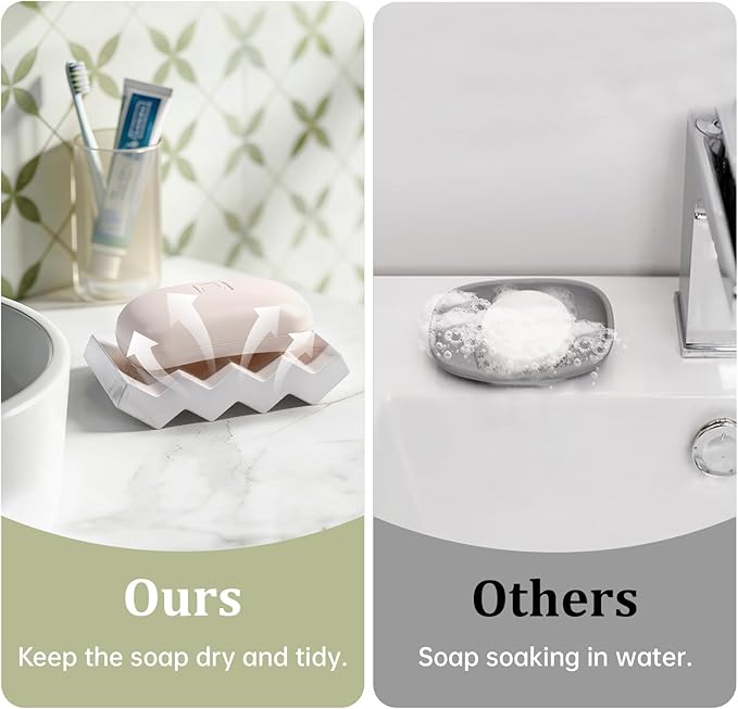 Self Draining Bar Soap Holder Diatomite Soap Dish Fast Drying Soap Saver Small Sponge Caddy for Shower, Bathroom, Kitchen Sink, Marble White