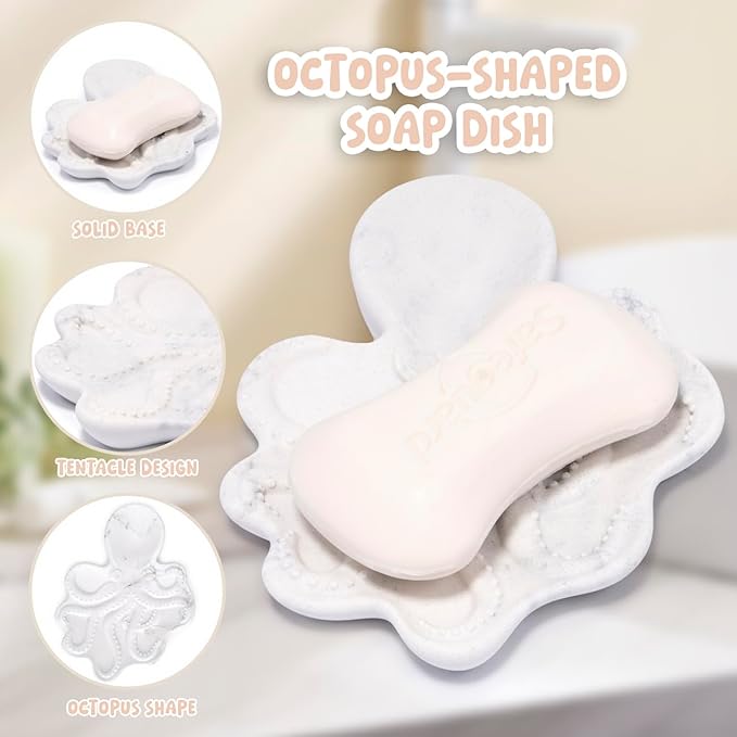 ZAWUU Resin Draining Octopus Soap Dish with Embossed Design – Multiuse Holder for Bathroom & Kitchen (White Marble, Octopus)