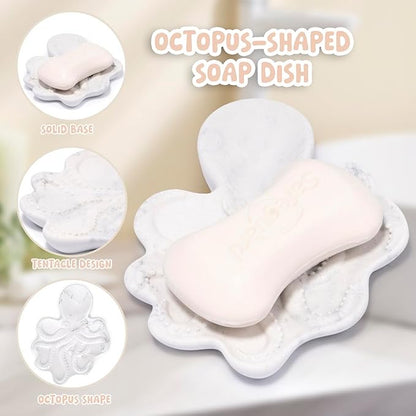 ZAWUU Resin Draining Octopus Soap Dish with Embossed Design – Multiuse Holder for Bathroom & Kitchen (White Marble, Octopus)