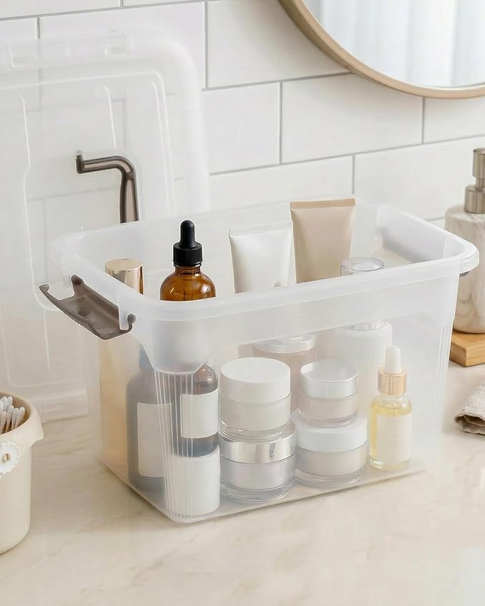 Citylife 4 Packs 6 QT Storage Bins with Lids Clear Plastic Bins with Grey Handle Stackable Storage Containers for Organizing