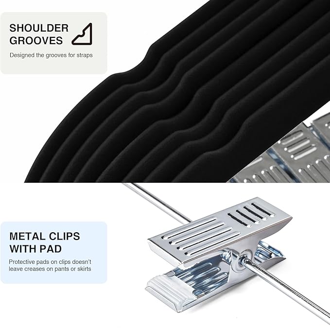 24-Pack Black Velvet Hangers with Clips Adjustable,Adult Hangers,Heavy-Duty,Felt,Non-Slip,Space Saving,Slim Outfit Hanger for Pants, Skirts, Suits,Coats, Dresses ect.