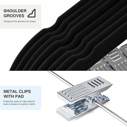 24-Pack Black Velvet Hangers with Clips Adjustable,Adult Hangers,Heavy-Duty,Felt,Non-Slip,Space Saving,Slim Outfit Hanger for Pants, Skirts, Suits,Coats, Dresses ect.