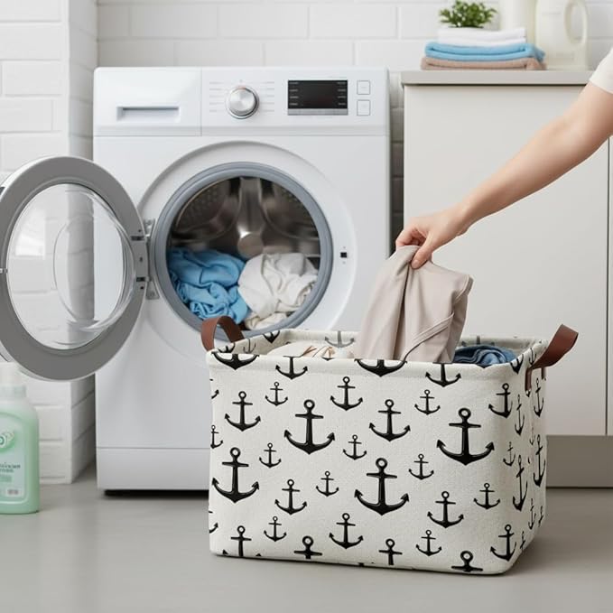 Anchor Storage Basket Waterproof Canvas Toy Storage Bin Home Anchor Decor Collapsible Outdoor Basket with Leather Handles Nautical Decor Blanket Baskets For Closets,Bedrooms,Gifts Baskets