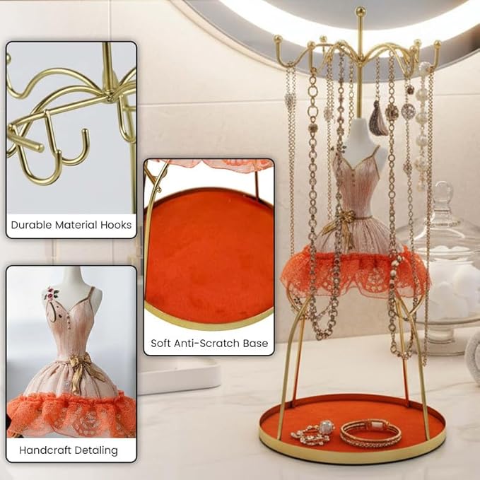 Go Hooked Doll Dress Jewelry Holder Stand | Jewelry Organizer Stand with Hooks for Necklaces, Earrings, Bracelets & Rings | Decorative Jewelry Storage Display for Dressing Table Bedroom (Orange)