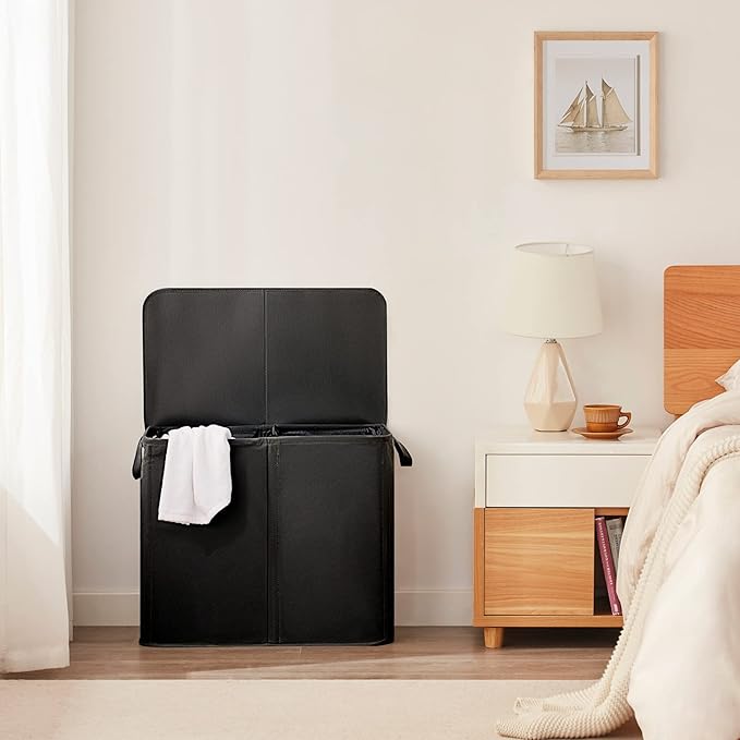 Lifewit Double Laundry Hamper with Lid and Removable Laundry Bags, Large Collapsible 2 Dividers Dirty Clothes Basket with Handles for Bedroom Laundry Room Closet Bathroom College, 136L Black
