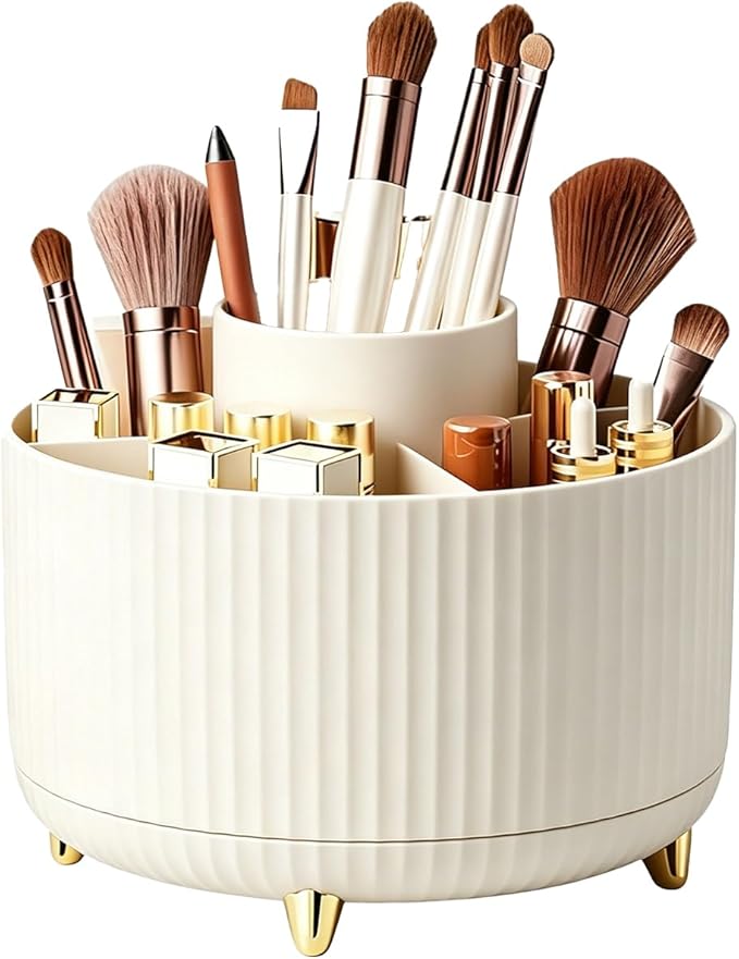 360°Rotating Makeup Brush Holder Organizer, Beige Countertop Cosmetic Display Case, Spinning Skincare Storage Carousel for Vanity, Desktop & Bathroom