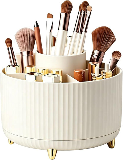 360°Rotating Makeup Brush Holder Organizer, Beige Countertop Cosmetic Display Case, Spinning Skincare Storage Carousel for Vanity, Desktop & Bathroom