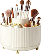 360°Rotating Makeup Brush Holder Organizer, Beige Countertop Cosmetic Display Case, Spinning Skincare Storage Carousel for Vanity, Desktop & Bathroom