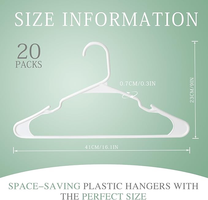 20 Pack White Plastic Clothes Hangers with Shoulder Grooves, Durable Space Saving Adult Clothing Hanger for Coat Shirt Skirt Dress, Light Weight Closet Organizer for Home College Dorm Laundry