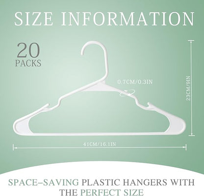 20 Pack White Plastic Clothes Hangers with Shoulder Grooves, Durable Space Saving Adult Clothing Hanger for Coat Shirt Skirt Dress, Light Weight Closet Organizer for Home College Dorm Laundry