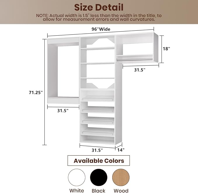 ROOMTEC Modular Closet System, 96" Wall Mounted Modern Closet Organizer with Hanging Rods and Shoe Shelf, Wooden Tower for Walk-In Closets, Wardrobe Storage Kit, White