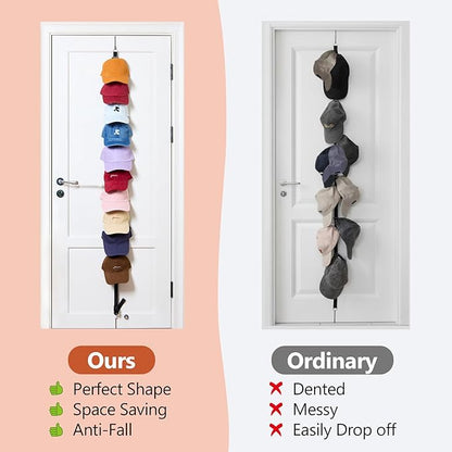 Over The Door Hat Organizer for Baseball Caps, 2-Way Hanging Hat Rack for Door, No-Drill Baseball Cap Organizer for Closet, Bedroom, Garage, Dorm Door (10 Hooks)