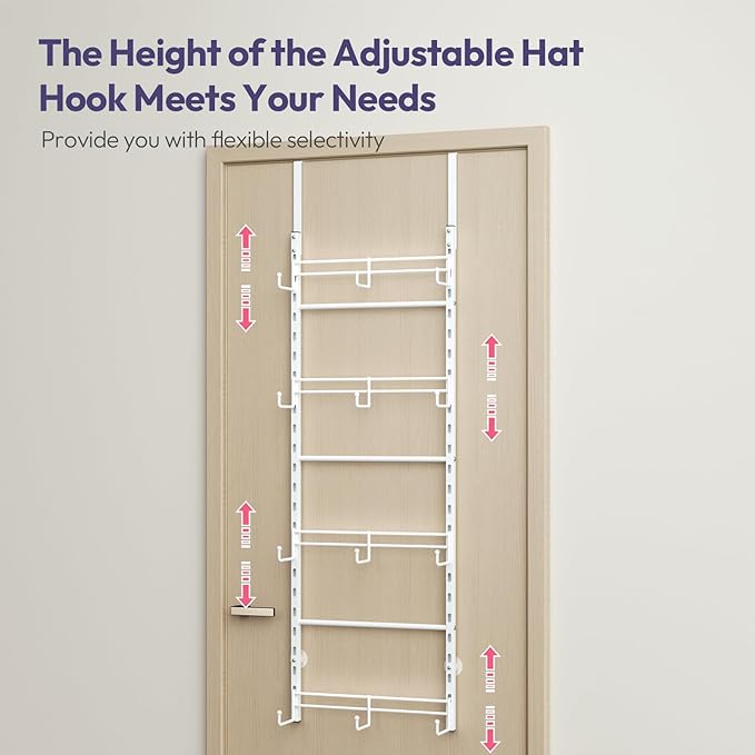SWTYMIKI Over Door Hat Organizer - 4 Tier Metal Adjustable Wall Mounted Hat Rack with 12 Hooks Design, Hanging Baseball Cap Organizer Storage Holds up to 36 Caps for Door, Bedroom, Closet