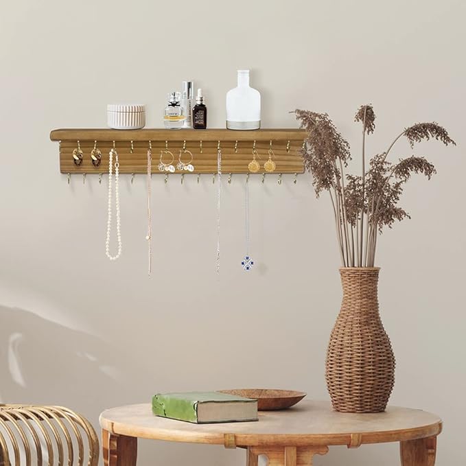 SANY DAYO HOME Jewelry Organizer with 30 Hooks and Cosmetics Shelf, 15 x 3 x 4 inches Wall Mounted Rustic Pine Wood Holder for Necklaces and Bracelets, Suitable for Kids and Adults (Brown)