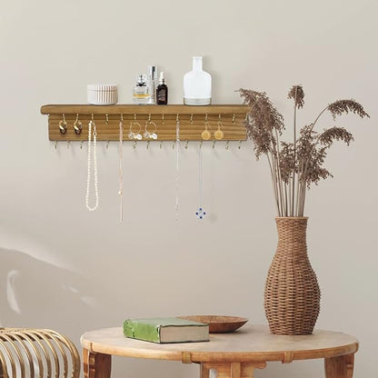 SANY DAYO HOME Jewelry Organizer with 30 Hooks and Cosmetics Shelf, 15 x 3 x 4 inches Wall Mounted Rustic Pine Wood Holder for Necklaces and Bracelets, Suitable for Kids and Adults (Brown)