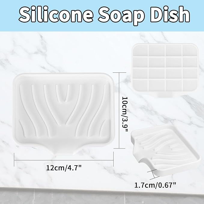 2 Pack Silicone Soap Dish with Drain, Self Draining Bar Soap Holder for Shower, Silicone Dish Soap Tray, Bathroom and Kitchen Sink Organizer, White