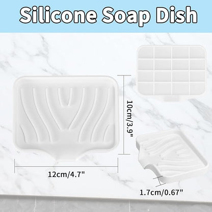 2 Pack Silicone Soap Dish with Drain, Self Draining Bar Soap Holder for Shower, Silicone Dish Soap Tray, Bathroom and Kitchen Sink Organizer, White