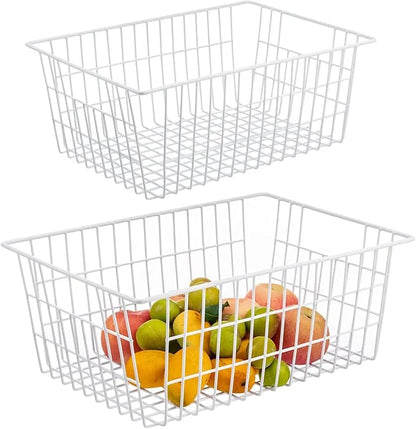 15.2" Metal Wire Baskets for Organizing 6 Pack, Household Pantry Storage Freezer Organizer Bins with Handles, Freezer Baskets for Upright Freezer, Refrigerators, Kitchen Cabinets, White