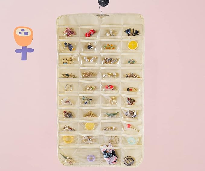 Bloss Hanging Jewelry Organizer 80 Pockets Hanging Double-Side Jewel Hanger For Jewelry Earring Storage, Jewelry Organizers and Storage for Wall, Door, Travel-Beige