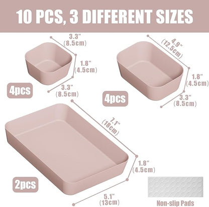 Plastic Drawer Organizers, 10 PCS Drawer Organizer Bins, Bathroom and Vanity Organizer Plastic Tray, Makeup organizer and storage for Makeup, Bedroom, Kitchen Gadgets Utensils and Office (Pink)