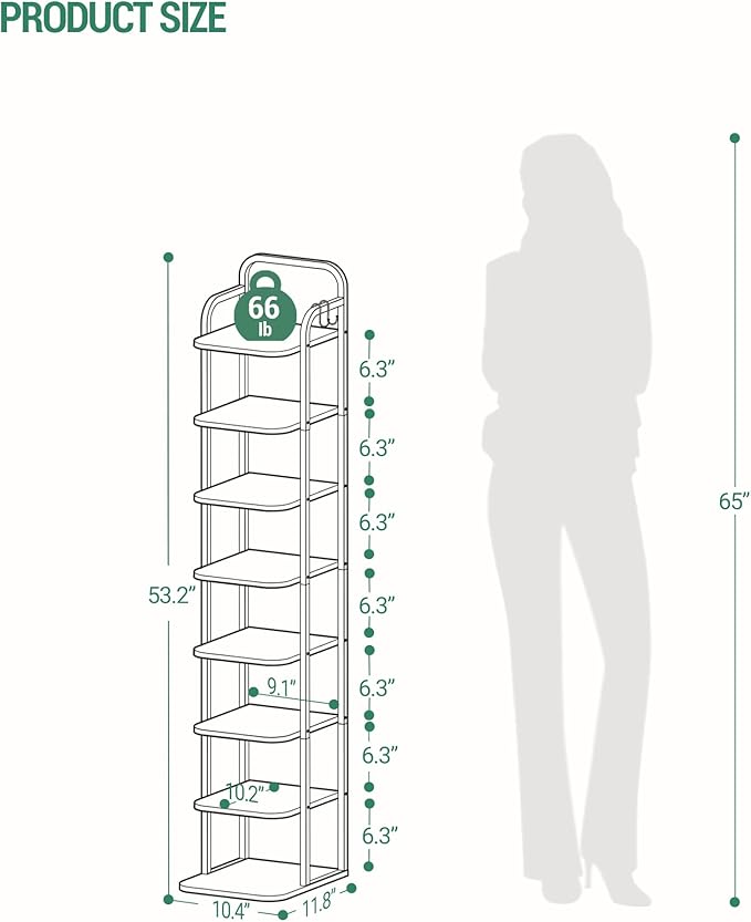 Hzuaneri 8 Tiers Vertical Shoe Rack, Narrow Shoe Tower, Tall Shoes Shelf with 2 Hooks, Adjustable Shelves, Corner Shoes Shelves for Small Spaces, Entryway, Living Room, Black SR04304B