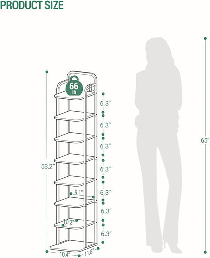 Hzuaneri 8 Tiers Vertical Shoe Rack, Narrow Shoe Tower, Tall Shoes Shelf with 2 Hooks, Adjustable Shelves, Corner Shoes Shelves for Small Spaces, Entryway, Living Room, Black SR04304B