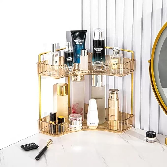 CESTATIVO Corner Bathroom Counter Organizer, Vanity Trays for Bathroom, Skincare Makeup Organizer Shelf, Shelf Cosmetics, Toiletries, Lotions, Perfumes (2 Tiers, Amber)