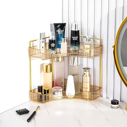 CESTATIVO Corner Bathroom Counter Organizer, Vanity Trays for Bathroom, Skincare Makeup Organizer Shelf, Shelf Cosmetics, Toiletries, Lotions, Perfumes (2 Tiers, Amber)