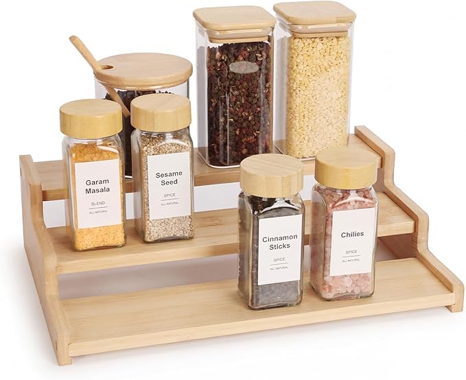 Organizer of Cabinet Special Seasoning, 12in Bamboo 3 Tiered Spice Rack，Used for Kitchen Countertops and Food Storage Room Organizer，Specially Designed for Jars and Spice Bottles (Bamboo, M)