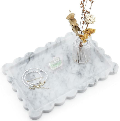Real Natural Scalloped Marble Tray for Bathroom, Vanity, Kitchen and Desktop, Decorative Stone Tray for Jewelry, Cosmetics, Candles, Lotion, Perfume and Home Decor (12" L x 8" W)