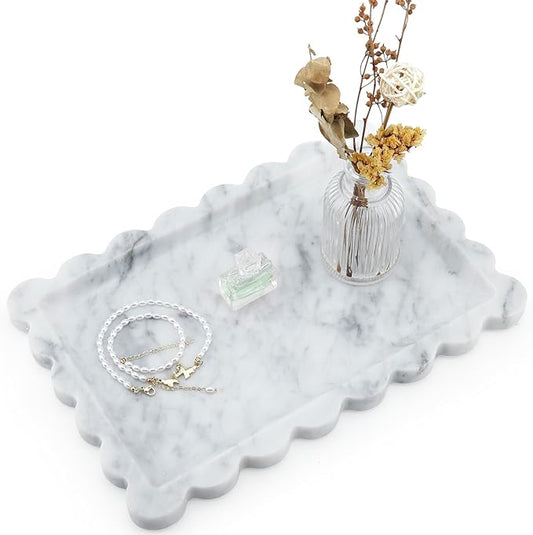 Real Natural Scalloped Marble Tray for Bathroom, Vanity, Kitchen and Desktop, Decorative Stone Tray for Jewelry, Cosmetics, Candles, Lotion, Perfume and Home Decor (12" L x 8" W)