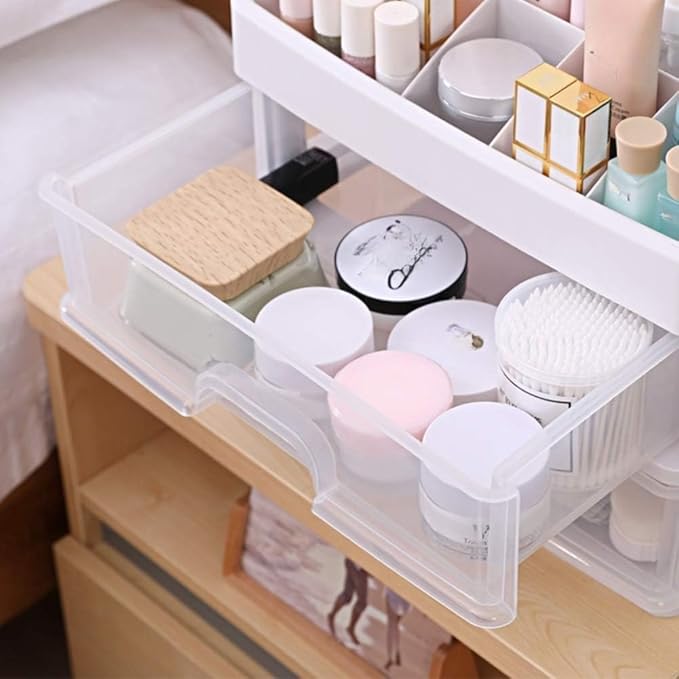 Makeup Organizer with 3 Drawers, Bathroom Vanity Countertop Storage for Cosmetics, Brushes, Lotion, Nail Lipstick and Jewelry (White)