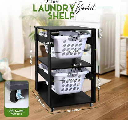 Laundry Basket Holder Shelf – Stackable Engineered Wood Laundry Tower, Tiered Hamper Organizer for Bathroom, Bedroom, Closet (Black, 2 Tier)